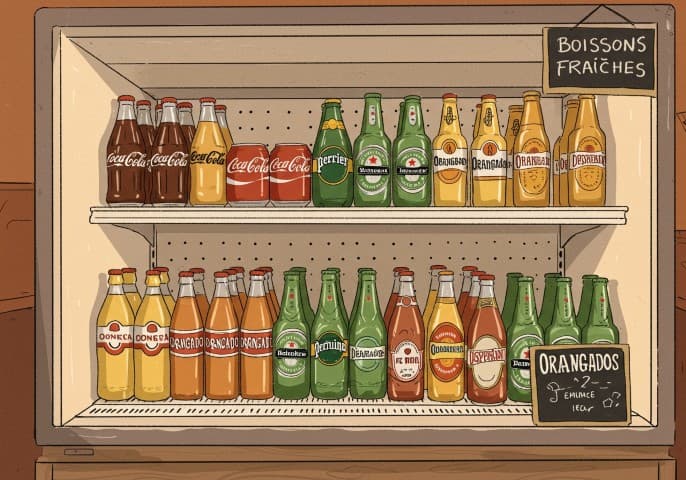 Image de diverses boissons fraîches, telles que des jus, des sodas et de l'eau, disposées de manière attrayante.