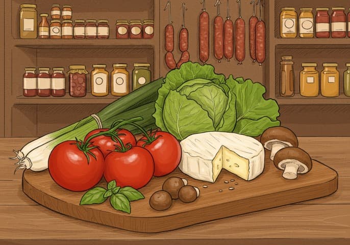 Image de produits frais : fruits, légumes, viandes et fromages disposés sur un fond clair.